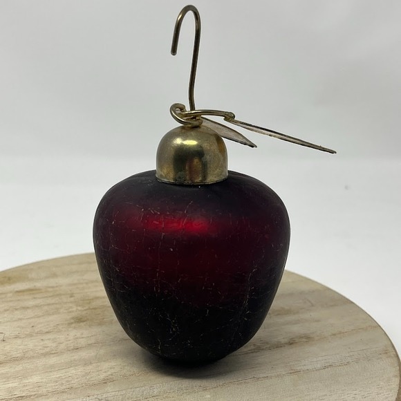 Vintage Glass Apple Christmas Ornament Red with Brass Leaves Mid Century Style - Picture 3 of 6